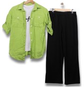 Resim Kız Çocuk Yazı Desenli Gömlek Pantolon Fıstık Yeşili Üçlü Takım Fıstık Yeşili 