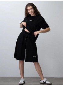 Resim Zekids Kız Çocuk Pamuklu Tasarım Oversize T-shirt Şortlu Takım-15782 Siyah 