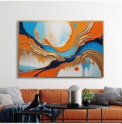 Resim Yağlı Boya Dokulu Tablo Mavi Turuncu Beyaz Soyut Altın Çerçeveli U08058-179068 