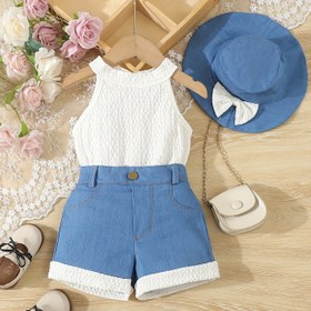 Resim 2 parça, Renk Bloklama Detaylı Kolsuz Sahte 2'li Denim Tulum + Kızlar İçin Fiyonk Süslemeli Şapka Seti, Rahat ve Şık Yaz Hediye Seti, Çocuklar İçin Dış Mekan Kıyafetleri 