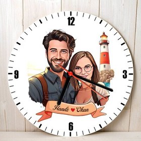 Resim Deniz Feneri ve Aşkımız Karikatürlü Duvar Saati 
