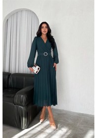 Resim Neşeli Butik Kadın Zümrüt Yeşil Piliseli Kemerli Şifon Elbise Nbk3028 Yeşil 