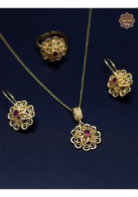 Resim Yakut Taşlı Gül Model Kadın 925 Ayar Gümüş Telkari Üçlü Set 201025206 Gümüş 