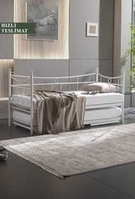 Resim Unimet Daily Yavrulu Daybed Tek-çift Kişilik Sedir Metal Karyola Yatak Seti Beyaz 