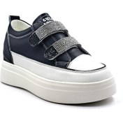 Resim Guja Hakiki Deri 2 Cm Gizli Topuk Taşlı Cırtlı Kadın Siyah Sneaker Spor Ayakkabı 