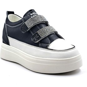 Resim Guja Hakiki Deri 2 Cm Gizli Topuk Taşlı Cırtlı Kadın Siyah Sneaker Spor Ayakkabı 