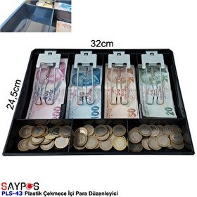 Resim Saypos PLS43 Plastik Para Çekmecesi İçi Düzenleyici 4 Banknot 3 Bozuk Para Gözlü 32x24.5x3.5 CM 