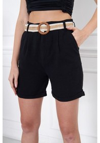 Resim Hgfashion Kadın Beli Kemerli Keten Şort Siyah Renk Siyah 