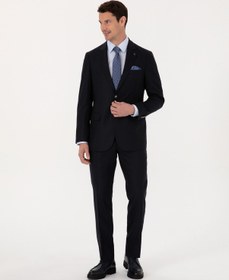 Resim Cacharel Koyu Lacivert Slim Fit Yün Karışımlı Mikro Desenli Takım Elbise 