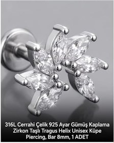 Resim 316L Cerrahi Çelik Gümüş Kaplama Tragus Helix Küpe Piercing Kararmaz Alerji Yapmaz Zirkon Taşlı Küpe Bar 8 mm Unisex Tekli Kadın Erkek Uyumlu Cartilage Kıkırdak Piercing 