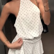 Resim Polka Dot Halter Neck Back Tie Elbise - Şık Omuz Üstü Kedi Kulak Tasarımı ile Bağcıklı Bel Detayı, Kadınlar için Çok Yönlü Tüm Mevsim Stili, Sevimli Elbiseler 