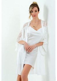 Resim Magic Form 36494 Kadın Dantelli Saten Sabahlık-ekru Ekru 