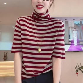 Resim Kadınlar için şık çizgili turtleneck kazak - Dar kesim, uzun kollu, dikey desenli örgü kazak, sonbahar ve kış katmanlaması için mükemmel 