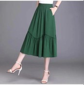 Resim Kadın Midi Etek Lastikli Yüksek Bel A-çizgi Uzun Etek Cepli Düz Renk İnce Stil Etek Zayıflatıcı Tasarım Etek Yeşil 