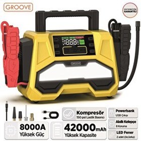 Resim Groove F05 42000 mAh 8000 A Akü Takviye Cihazı - Lastik Şişirme Kompresörlü Taşınabilir Jump Starter PD 30W Hızlı Şarj 