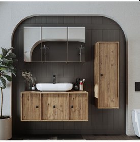 Resim Oval Lavabolu Mat Mdf 105 Cm Banyo Dolabı + Aynalı Dlp Atlantik Atlantik Çam 
