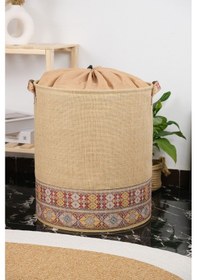 Resim Garnili Etnik Tarz Fileli Jüt Sepet - Kıyafet Havlu Kirli Çamaşır Sepeti 37 X 40 Bej 
