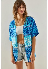 Resim Shade Kadın Etnik Desenli Kısa Kollu Viskon Kimono 60251374 - Mavi 