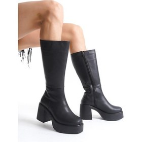 Resim Ventes Kalın Taban Topuklu Fermuarlı Diz Altı Sade Klasik Kadın Çizme 914303-z Siyah Cilt 