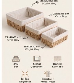 Resim 3 Lü Bambu Ekmek Sepeti Seti, 26x20x12 Cm, Metal Çerçeveli Dantelli Çiçek Desenli Kumaşlı Organizer Kahverengi 