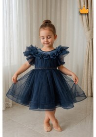 Resim Babyhola 2-8 Yaş Gül Yakalı Grenli Kabarık Tül Kız Bebek Çocuk Abiye Elbise Bayramlık Gelinlik 3502 Lacivert 