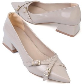 Resim Shoetek Laura Kadın Stiletto Kalın Topuklu Çapraz Bantlı Tokalı Ayakkabı Bej Rugan Bej Rugan 