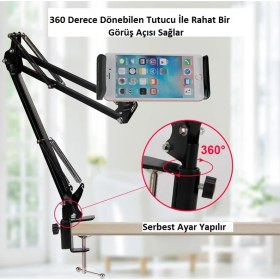 Resim TriLine 6-11" Uzun Kollu 360 Derece Dönebilen Masa Telefon Tablet Tutucu 