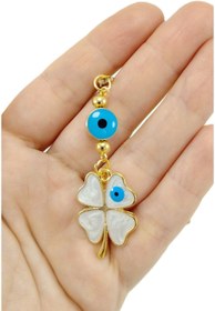 Resim biuti Altın Kaplama Dörtlü Yonca Nazar Boncuğu Araba Dikiz Ayna Süsü, Sedef Renkli Lüks Hediyelik Aksesuar 