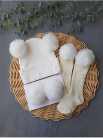 Resim pempem bandana Kız bebek peluş ponponlu kaskorse bere ponpon bant ve dizalti çorap takimi 