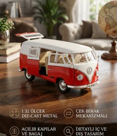 Resim craftivio 1:32 Ölçek Metal Çek Bırak Nostaljik Volkswagen T1 Minibüs Vosvos Oyuncak Araba - Kırmızı (13 cm) 