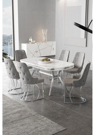 Resim Canisa Epal Serisi 90x168 Lak Panel Beyaz Mermer Desen Masa Takımı Krom Ayaklı 6 Gri Sandalye Masa Beyaz Mermer Desen Sandalye Gri 