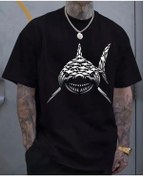 Resim Panda Baskı Tekstil Köpekbalığı Baskılı Özel Tasarım Oversize Tshirt Siyah 