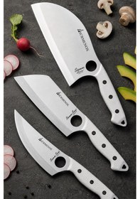 Resim Sürmene Serisi 3 Lü Mutfak Şef Bıçağı Seti Beyaz Verzalit Sap Et Sebze Kamp Outdoor Bıçak Deri Kılıflı Mft-038 