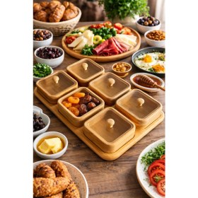Resim Porsima PBT-692 Bambu Ahşap 6lı Kapaklı Kahvaltılık ve Çerezlik Seti - Tepsili Sunumluk 
