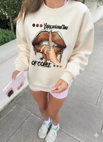 Resim Afri Kadın Bisiklet Yaka Dudak Baskılı Sweatshirt - 3 İplik Kumaş, Ekru Renk, Oversize Rahat Kalıp Ekru 
