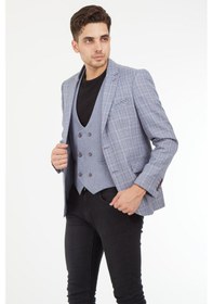 Resim Sposo 5140 Yelekli Dar Kalıp Gri Ekose Erkek Blazer Ceket Gri 