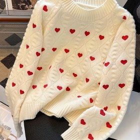 Resim Kadınlar için Kırmızı Kalp Desenli Rahat Kışlık Kazak - Sevimli Yuvarlak Yaka, Sonbahar & Kış İçin Yumuşak ve Sıcak, Günlük Şık Kıyafetler, Sevimli Kazak, Konforlu Giyim, Detaylar 