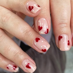Resim 24 Parça Kısa Kare Kalp Desenli Orta Boy Beyaz Nokta ve Kırmızı Kalpli Parlak Akrilik Takma Tırnak Seti - Kadınlar için Tırnak Yapıştırıcılı, Sevgililer Günü & Özel Günler İçin Romantik Aksesuar 
