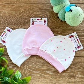Resim Renkli Puset 3'lü Pembe Penye Bebek Şapka Bere Takım Kız Çocuk İçin Puan Desenli 