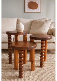 Resim Ahşap Mantar Sehpa 3 Lü Set Fındık Renk Fiskos Sehpa Takımı Kahverengi 