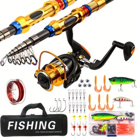 Resim 1 adet 2024 Altın Dönen Olta Kamış ve Makara Seti, 2.4-3.6m Teleskopik Karbon Fiber, Taşınabilir Seyahat Olta Takımı, Orta Hızlı Aksiyon, Ambidextrous, Orta Hafif Güç, Bait, Olta ve Aksesuarlar ile Tam Set 