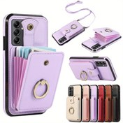 Resim Galaxy A16/A26/A36/A56/A55/A15/A35/A25/A54/A34/A24/A14/A22/A53/A21S/A13/A12/A33/A32/A51/A71/A52 için Kartlık Cüzdanlı Kılıf, 360° Dönebilen Parmak Halkası ve Ayaklıklı, RFID Engelleme Koruyucu Darbe Emici Kapak 