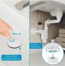 Resim Aqua Bagno Comfort Yer Kazandıran Lavabo Sifonu + Pop-up Sifon, Beyaz Seramik Başlıklı ,taşma Deliksiz, 1 -1/4 Beyaz 