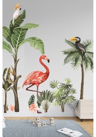 Resim MSticker Flamingo Ve Kuşlar Safari Tropikal Hayvanlar Ve Ağaçlar Çocuk Bebek Odası Duvar Sticker 