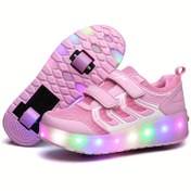 Resim Erkek ve Kızların Moda Pembe Soluklanabilir Mesh Roler Ayakkabıları ile LED Işıkları, Dış Mekan Sporları için İki Tekerlekli Kaykaylar. 