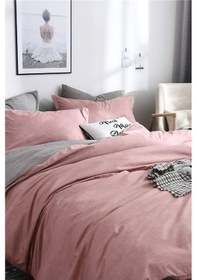 Resim Çift Kişilik Ranforce Çift Taraflı Nevresim Takımı - Lastikli Çarşaflı -pudra/gri Gri - Pudra 