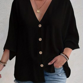 Resim Kadınlar İçin Plus Beden V Yaka Uzun Kollu Bluz - Düğmeli Ön, Yumuşak Polyester Kumaş, Düz Beyaz, Rahat Kesim İlkbahar ve Sonbahar 