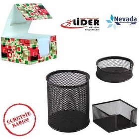 Resim 3 Lü Kalemlik Seti Metal Siyah Perfore +küp Not Kağıdı N11.20069 