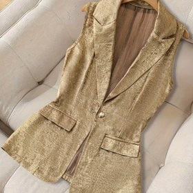 Resim Kadınların Zarif Altın Tonlu Kolsuz Blazer Yeleği - Şık Düğmeli Yaka Yaka, Dar Kesim, Hafif Polyester Bahar Yaz Sonbahar Ofis ve Günlük Giyim için, Bayanlar Blazerleri 