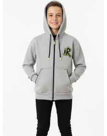 Resim Kapüşonlu Fermuarlı Yandan Cepli Baskılı %100 Pamuk 2 İplik Mevsimlik Erkek Çocuk Sweatshirt-90937 Gri 
